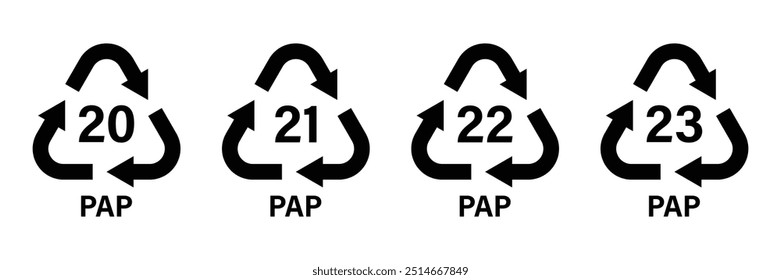 Conjunto de iconos de Vector de códigos de reciclaje de papel. Cajas de cartón de papel reciclando códigos PAP 20, 21, 22, 23 para usos industriales y de fábrica.