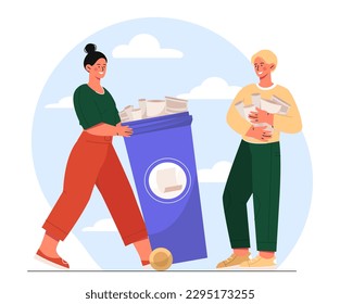 Paper recycling concept. Man and woman with paper near trash can. Material recycling and zero waste, sustainable lifestyle. Caring for ecology and environment. Cartoon flat vector illustration