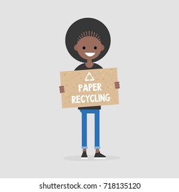 Paper recycling conceptual illustration. Waste segregation. Paper reuse. Ecology. Young female character holding a piece of recycled paper / Flat vector illustration, clip art. Editable vector. EPS