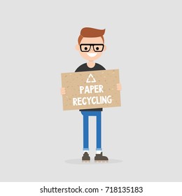 Paper recycling conceptual illustration. Waste segregation. Paper reuse. Ecology. Young male character holding a piece of recycled paper / Flat vector illustration, clip art. Editable vector. EPS