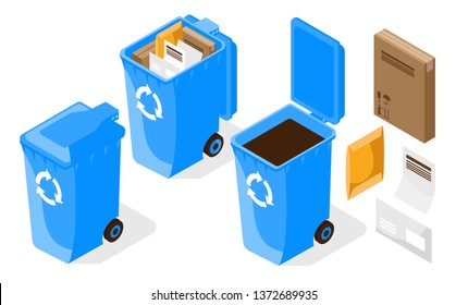 Paper recycling garbage isometric. Trash container. Carton box, paper, letters on a white background
