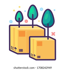 Paper Recycling, Green and Ecology Concept Flat Design. Trees Growing from Cardboard Boxes. Sort Waste and Protect Environment Idea Vector Illustration