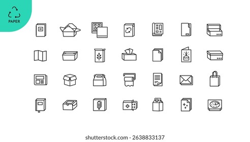 Paper recycling icon set in line style. Editable stroke. Pictogram collection for web design and mobile interface. Paper packaging, box, book, carton, etc. Environment and sustainability. Vector