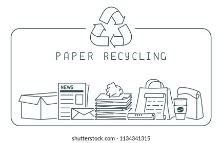 Paper recycling icons set with trash and lettering. Linear style vector illustration. EPS10