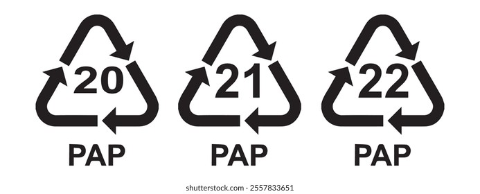 Paper recycling symbol PAP 20, 21, 22 . Vector illustration. Eps 10