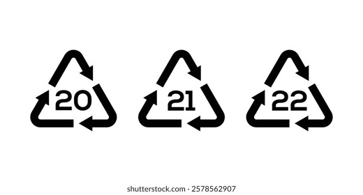 Paper recycling symbol PAP 20,21,22. Paper recycling code icon set. Paper cardboard boxes recycling codes 20, 21, 22, for industrial and factory uses. Package waste icon.