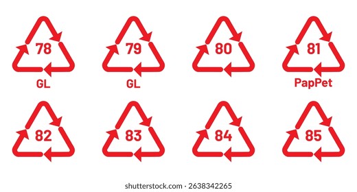 Paper recycling symbol set . Paper recycling codes. Recycling code icon set. Recycle code icon- Plastic, Battery, Paper, Metal, Organic Biomatter, Glass and Composites. All recycling code icon set.