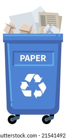Paper recycling trash can. Blue container for waste sorting