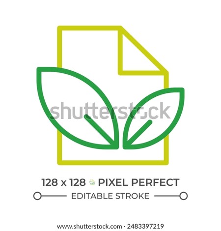 Paper recycling two color line icon. Paper sheet and leaves bicolor outline symbol. Sustainable material. Paper conservation. Duotone linear pictogram. Isolated illustration. Editable stroke