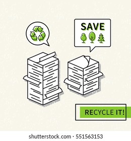 Paper recycling vector illustration. Big stacks of papers with recycle sign graphic design. Ecological paper recycling creative concept.
