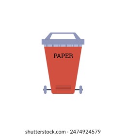 Reciclaje de papel. Ilustración vectorial de un bote de basura roja con letras de papel para una gestión de residuos ecológica. Diseño aislado en estilo plano para la protección del medio ambiente.