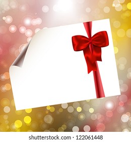 Paper with red bow on bokeh lights abstract background. Vector illustration