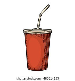 Paper red cup for cola with straws. Isolated on white background. Vector engraving illustration for poster, menus, web, banner, icon