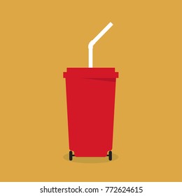 Paper red cups with straws for soda or cold beverage. Red trash Vector illustration flat design.