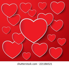 Paper red heart banner with drop shadows on red background. Vector illustration 