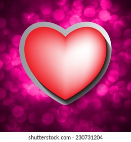 Paper red heart banner with drop shadows on pink Defocused Light, Flickering Lights, Vector abstract festive background with bokeh defocused lights. 