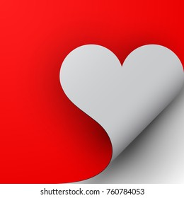 Paper red heart curled corner, vector