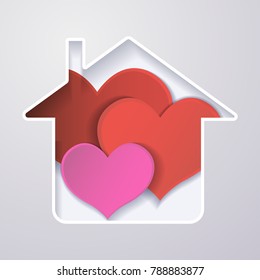paper red heart in the house, the concept of a happy family.origami design greeting cards.3d effect. Vector.