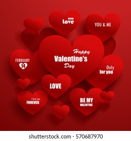 Paper red hearts with shadow abstract background. Vector illustration