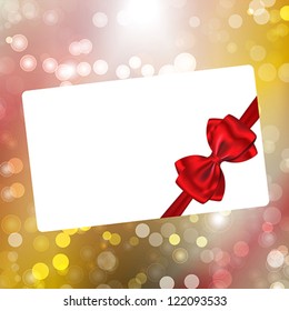 Paper with red ribbon and bow on bokeh lights abstract background. Vector illustration