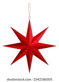 Paper red star, Christmas tree ornament. Handmade decoration. Color illustration on a white background.