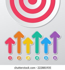 paper red target and arrow with 1-6 number buttons infographics in flat style. vector.