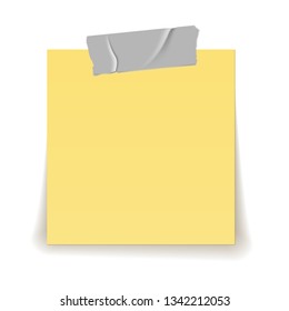 Paper reminder. Scotch tape strip piece stick on yellow important sheet realistic 3d isolated vector illustration