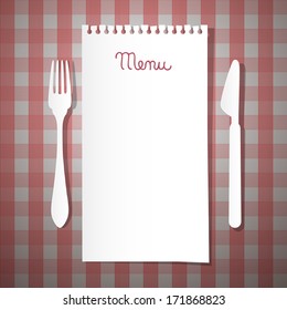 Paper Restaurant Menu with Knife and Fork on Pink Tablecloth