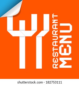 Paper Restaurant Menu with Knife and Fork on Red Background 
