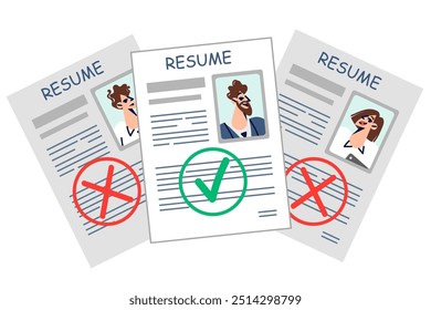 Paper resumes and CV of candidates for vacant position with stamps of approval or refusal to hire. Recruiting personnel through collecting resumes people looking for work with good working conditions