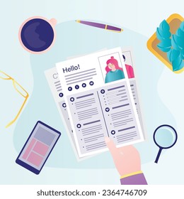 Paper resumes lie on workplace table. HR agent or boss selects new employee from among various job applicants. Recruitment, we are hiring. CV, curriculum vitae, headhunter read resumes. flat vector