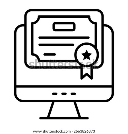 Paper with ribbon inside PC, line design of online certificate icon