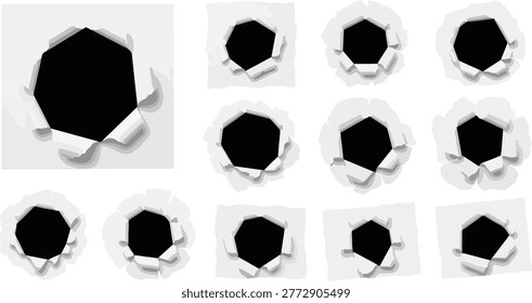 Paper rip set, torn hole shapes, damaged surface elements.