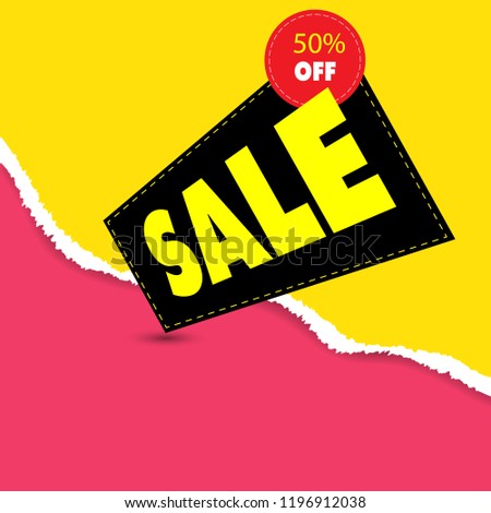 The paper was ripped background and discount 50 percent off label in flat style. Vector illustration.