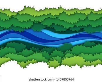 Paper river. Top view water stream surrounded by jungle forest trees baldachin. Creative origami natural aerial vector summer park cut styling landscape