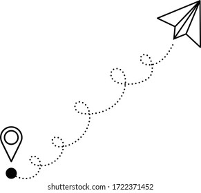 Paper rocket flying from location pointer on flight route, vector illustration