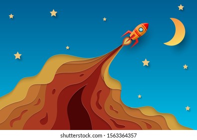 Paper rocket flying to the sky concept. paper art with pastel tone background vector illustration