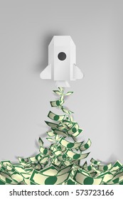 Paper rocket with a lot of money vector illustration