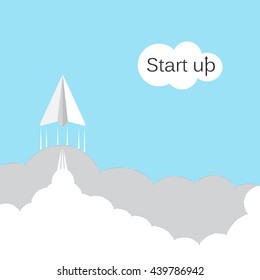 Paper rocket on sky background.Start up new business project concept.Business take off concept.Project or extraterrestrial travel concept.Startup concept.Business concept.Marketing concept.Vector icon