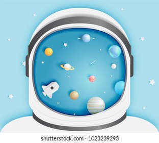 Paper rocket and solar system paper art with pastel tone background vector illustration