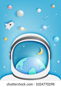 Paper rocket and solar system paper art with pastel tone background vector illustration