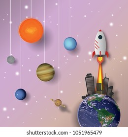 Paper rocket and solar system paper art  background vector illustration
