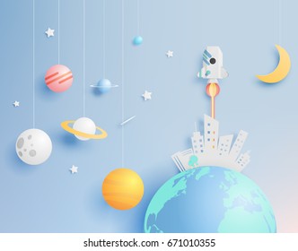 Paper rocket and solar system paper art with pastel tone background vector illustration