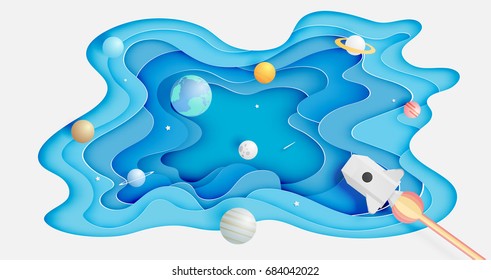 Paper rocket and solar system paper art with pastel tone background vector illustration