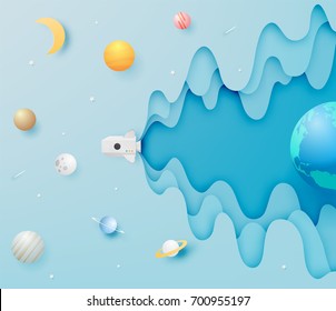 Paper rocket and solar system paper art with pastel tone background vector illustration