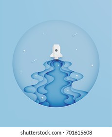 Paper rocket and solar system paper art with pastel tone background vector illustration