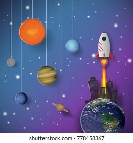 Paper rocket and solar system paper art with dark tone background vector illustration