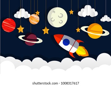 Paper rocket and solar system with tone background vector illustration