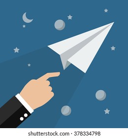 Paper rocket in space. Business startup concept