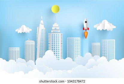 paper rockets flying across town. startup business concept. design paper art and crafts